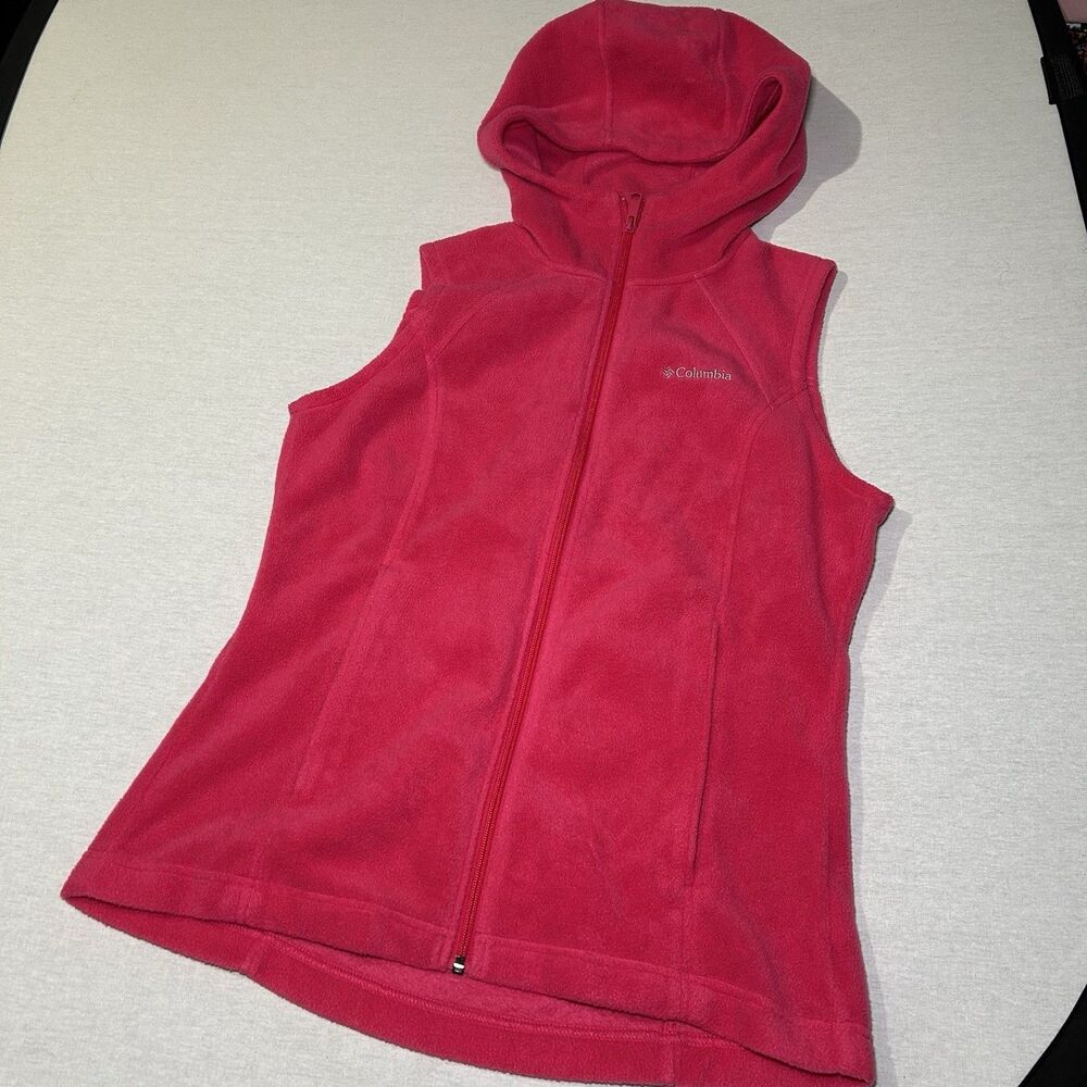 COLUMBIA Thermal Coil Fleece Quilted Hooded Vest Jacket Women Size S Small Pink